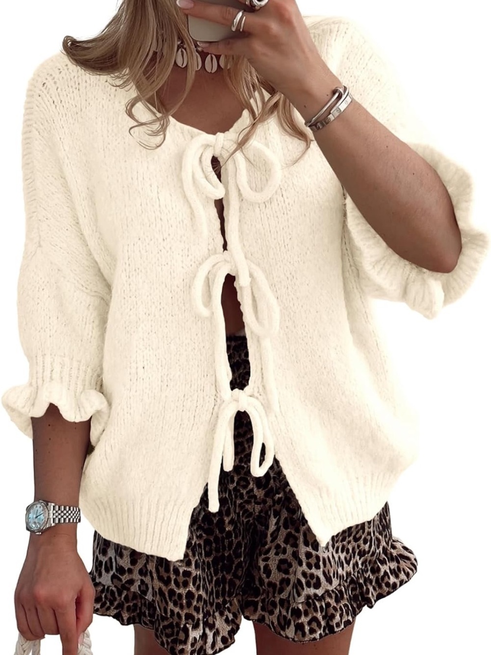 Womens Tie Front Bow‎ Cardigan Sweaters Lightweight Knit Ruffle Half Sleeve
